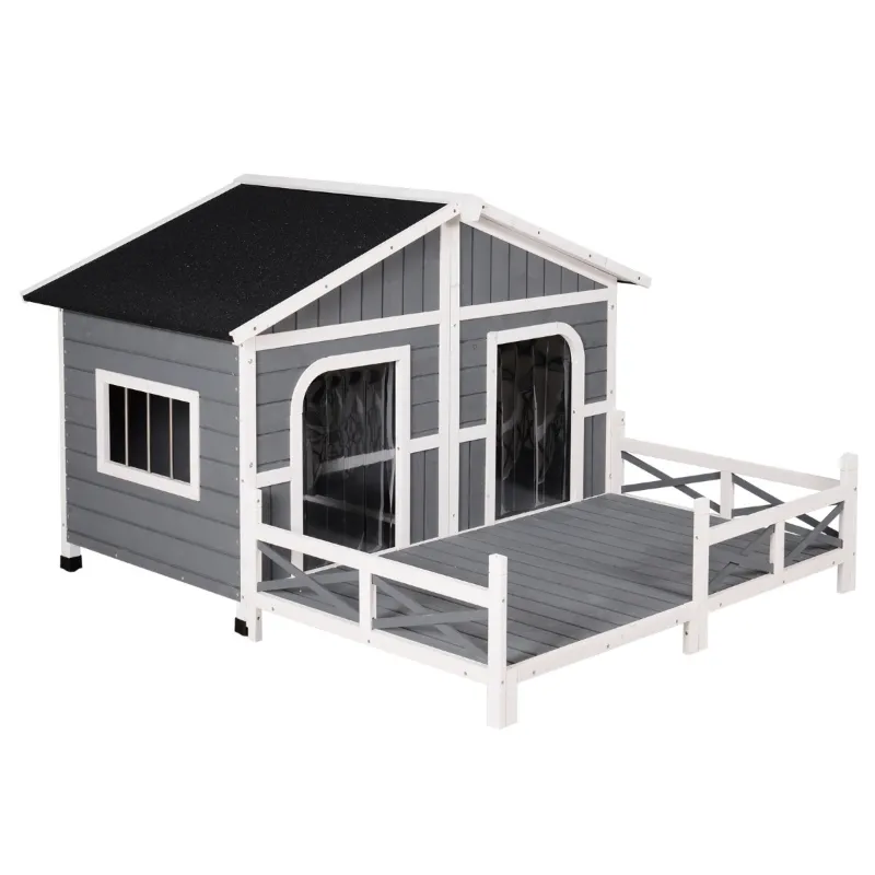 Chilochilo High Quality Gray Wooden Luxury Outdoor Dog House Wood Dog House Cabin Style Elevated Pet Shelter with Porch Deck