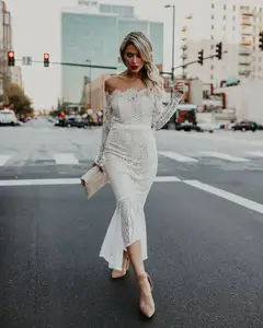 גבירותיי שמלה אלגנטית אחת Fishtail שמלת אופנה חצוצרת בת ים לבן שמלת כדור שמלת אירופאי סגנון כבוי כתף ריס תחרה