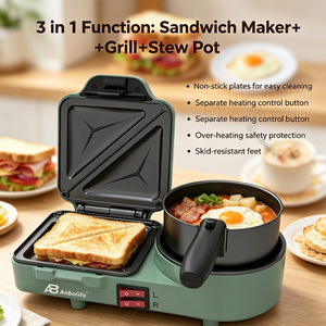 Anbolife Appareil de petit-déjeuner multifonction 3-en-1 <span class=keywords><strong>électrique</strong></span> antiadhésif facile à nettoyer : Grille-sandwich, Grill et Mijoteuse pour la maison - Product Image 3