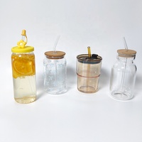 Tasse à café glacé matcha esthétique, design girly preppy, en verre borosilicate, avec couvercles en bambou et paille, nœud rose