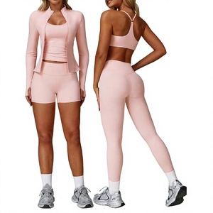 Pink Seamless Yoga Set <b>Women</b> Jacket Bra <b>Shorts</b> <b>Leggings</b> 5 Piece Activewear High Waist Quick Dry Breathable - Product Image 3