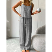 Ensemble de pyjama en coton fin et doux à boutons, sans manches, respirant et doux, 2 pièces, ample, tendance, vêtements de maison pour femmes, en lin