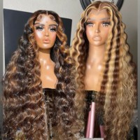 Perruque Lace Front MQS WIGS en Cheveux Humains, Ondulée, Couleur Ombrée Balayage avec Mèches Blondes, Racine Ombrée et Baby Hair
