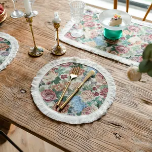 圆形长方形餐垫带流苏花卉桌布厨房餐具布垫复古油画图案桌垫