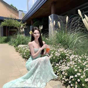 Vestido Largo de Verano Estilo A-Line con Jacquard Verde Menta, Sin Tirantes, Cintura Natural, Transpirable, Elegante, para Vacaciones en la Playa - Product Image 3