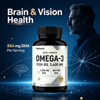 Gélules d'huile de poisson oméga 3 triple concentration Metrand, EPA DHA, favorisent la santé cardiaque, cérébrale et oculaire, saveur citron, 120 gélules