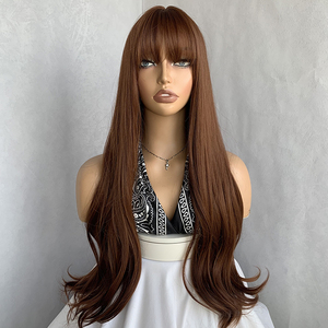 Perruque synthétique longue ondulée brune de haute qualité <span class=keywords><strong>avec</strong></span> <span class=keywords><strong>frange</strong></span> pour femmes, résistante à la chaleur, <span class=keywords><strong>avec</strong></span> ligne de <span class=keywords><strong>cheveux</strong></span> naturelle - Product Image 1