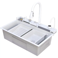 Évier de cuisine multifonctionnel à encastrer, fait à la main, à cascade et à cuvette unique, blanc