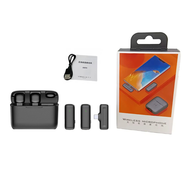 2 in1 Intelligent Noise Cancelling Lavalier Microphone With Battery Case Clip-on Wireless Mics for Smart Phone Live Vlog
