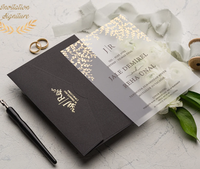 Invitation de mariage turque de luxe en acrylique givré noir mat avec dorure à chaud, monogramme JR, enveloppe, motif feuille de vigne, impression personnalisée