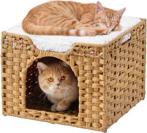 Camas para Gatos, Casa para Gatitos de Interior, <span class=keywords><strong>Cueva</strong></span> para Gatos de Ratán Tejida a Mano, Cubo para Mascotas, Casas Grandes para Gatos, Cama Individual, Alfombra Plegable, Escondite - Product Image 1