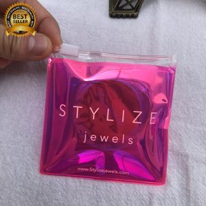 <b>Small</b> square 8x8cm Pvc Holographic Plastic Zipper <b>Bag</b> with <b>White</b> logo for Jewels Jewelry Packaging Pouch - Product Image 2