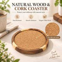 Sous-verre rond en bois d'acacia avec centre en liège pour boissons chaudes ou froides, protection de table pour tasses à café et verres, accessoire naturel pour la maison