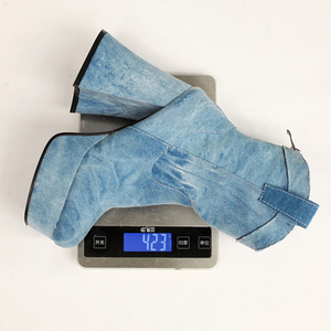 Women's High Chunky Heels Ankles <b>Boots</b> Cow Print Denim Shoes Round Toe Back Zipper Thick Platform Short Booties - Product Image 5