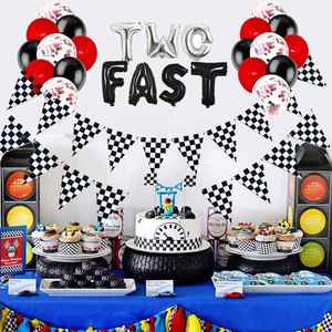 ชุดอุปกรณ์ตกแต่งงานวันเกิดเด็กชายอายุ 2 ขวบ ลายรถแข่ง ชุดตกแต่งธีม Let's Go Racing สีดำและสีแดง - Product Image 1