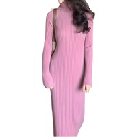 Nouvelle Robe Moulante Noire Élégante à Capuche et Col en V en Maille Mi-longue avec Fente Latérale pour Femme