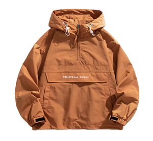 Giacca a vento in misto cotone con mezza zip, stile retrò streetwear, da uomo, vestibilità regolare, collo alto, morbida, leggera, tinta unita, casual. - Product Image 3