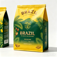 Sachet alimentaire personnalisé imprimé en flexographie, recyclable, en aluminium, pour grains de café, avec valve et fermeture éclair, fond plat