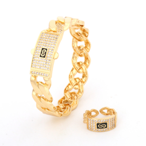NYH chapado en oro grueso <span class=keywords><strong>Miami</strong></span> cubano enlace pulsera y anillo conjunto moda Hip Hop brillante circón joyería para hombres y mujeres - Product Image 2