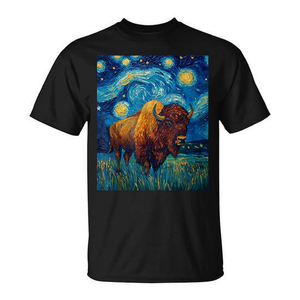 T-shirt graphique style Van Gogh Nuit étoilée, motif bison buffle, unisexe adulte, manches courtes, col rond, impression numérique - Product Image 3