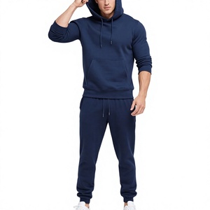 Survêtement à capuche bleu marine pour homme, 100 % coton, manches longues, couleur unie, décontracté, respirant, léger, avec cordon de serrage et poches latérales - Product Image 4