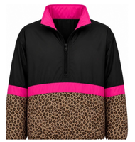 Veste coupe-vent pour femme à blocs de couleur et imprimé léopard, col montant, manches longues, poignets élastiques, style pull-over