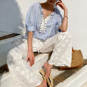 Nueva Colección Primavera/Verano, <span class=keywords><strong>Pantalones</strong></span> Anchos de Algodón Bordado de Inspiración Sureña Francesa para Mujer, Blancos, Largos, Elásticos - Product Image 4