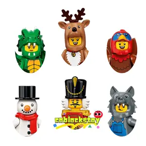 KM66045-66050 Snowman Elk Nutcracker Knight Wolf Walnut Clip Green Dragon Cartoon Mini Assemble Building Block Figure Toy