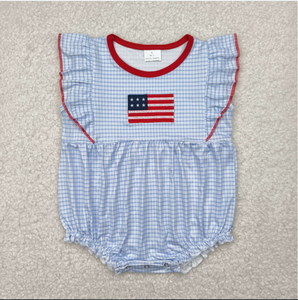 Sibling Embroidery <b>Flag</b> Baby Girls Blue <b>Checkered</b> Tunic Ruffle Shorts Clothes Sets Rompers - Product Image 3