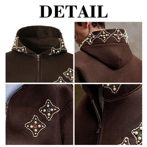 Sudadera con capucha KingSen de malla de perlas y pedrería de alto gramaje con cremallera, bordado personalizado, hombros caídos, estilo casual holgado, chaqueta Y2K - Product Image 6