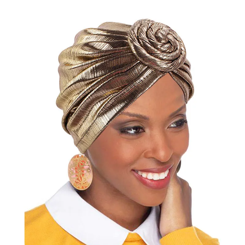 New Shinny Metallic Top Knot Turban Muslim Ladies Head Wear Inner Women Islamic Head Cover Hair Accessories