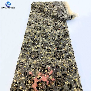 Tela de encaje de terciopelo de lujo Sinya <span class=keywords><strong>con</strong></span> brillos, 5 yardas, lentejuelas populares, encaje de red francés, telas bordadas para vestido de noche de boda - Product Image 5