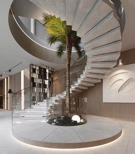 Escalier flottant incurvé extérieur <span class=keywords><strong>de</strong></span> conception moderne et luxueuse pour <span class=keywords><strong>villa</strong></span>, avec garde-corps en verre sans cadre, marches en bois massif et structure en acier - Product Image 1