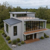 Maison mobile en acier avec aménagement modulaire flexible, grandes portes vitrées et terrasses à plusieurs niveaux