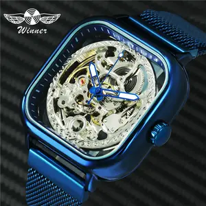 Winner 075官方蓝色男士手表顶级品牌豪华自动机械表男士雕刻磁铁网带骷髅手表