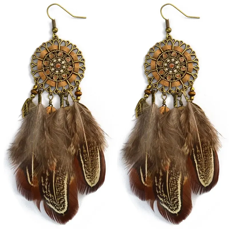 Tribo Africano Indiano Estilo Dreamcatcher Beads Danglers Brincos de Pena Longa Bohemia Ethnic Vintage Charme BOHO Jóias