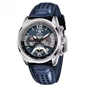 Reloj Deportivo Casual para Hombre, Cronógrafo, Oro Rosa, Bisel con Tacómetro, Correa de Cuero, Resistente al Agua, Luminoso, Cuarzo, con Calendario - Product Image 6