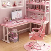 Bureau d'ordinateur d'angle en fibre de carbone rose avec étagère, mobilier de bureau pour jeux et études, fabricant en gros OEM ODM