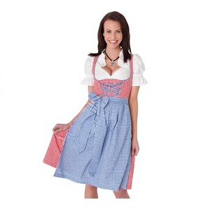 Women Blue&<b>Red</b> Checkered Fabric Lace-Up Dirndl Oktoberfest Costume Blue <b>Red</b> <b>Gingham</b> Apron Bavarian Beer Festival Dress - Product Image 1