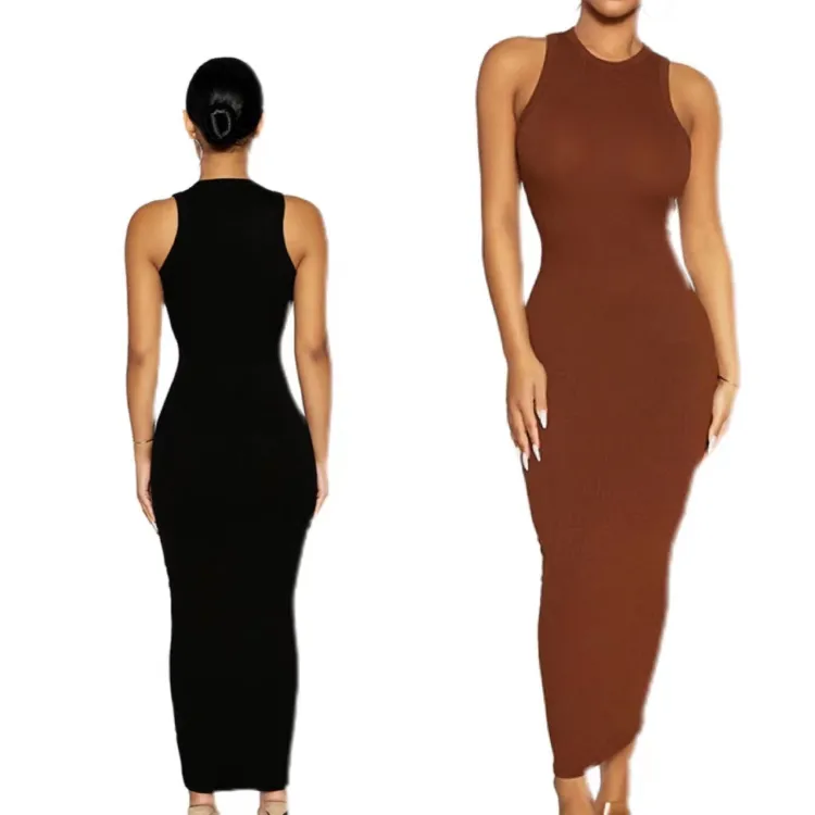 Оптовая продажа, женское коричневое платье-майка в рубчик, женская одежда, облегающее платье-майка без рукавов, женские летние 2022