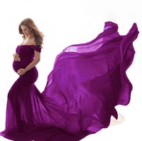 Tout nouveau hors épaule couverture en coton avec longue mousseline de soie Train Maxi maternité Photoshoot robe DGPD-003