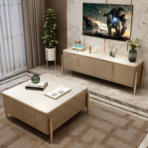 Ánh Sáng Sang Trọng Bằng Đá Cẩm Thạch TV Tủ Bàn Cà Phê Kết Hợp Chất Lượng Cao Sang Trọng Phòng Khách Bàn Cà Phê Vàng Thép Không Gỉ - Product Image 1