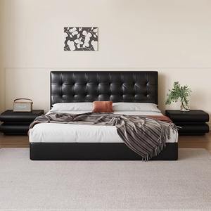 Lit en cuir style crème, fabrication directe usine, cadre en bois massif, rangement multifonctionnel, bords affleurants, tête de lit fine, finition noire, motif gaufré - Product Image 2