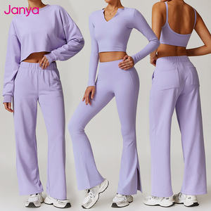 Abbigliamento sportivo Casual a vita alta pantaloni a gamba larga a manica lunga <span class=keywords><strong>sport</strong></span> Top <span class=keywords><strong>2</strong></span> pezzi tuta da allenamento abbigliamento Yoga Set Fitness da palestra Set da donna - Product Image 1