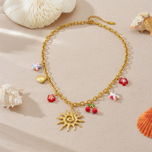 Summer Sun Charm Necklace Gold Plated Stainless Steel Cherry Starfish Pendant O Chain Clavicle Jewelry - Product Image 3