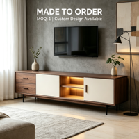 Meuble TV moderne blanc sur mesure pour salon, console multimédia en MDF avec pieds coniques, étagères LED, tiroirs et poignées en bois, OEM ODM