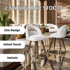 Set <strong>2</strong> 24-Inch Swivel Counter Height <strong>Bar</strong> <strong>Stools</strong> Adjustable Solid Wood Legs Velvet Backs Modern Design Iron Base Fixed Armrests - Product Image 6