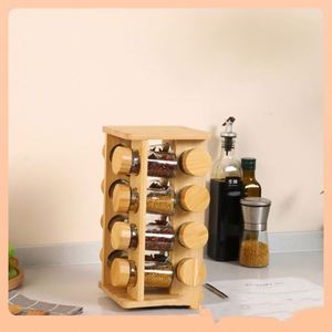 Moderno y Sencillo Soporte Giratorio Cuadrado de Bambú para Botellas de Condimento, Juego de Utensilios de Cocina para Especias, Uso Doméstico - Product Image 3