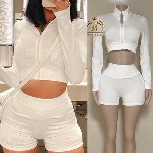 Wholesale Spring Fall Custom Logo <strong>Women's</strong> Outfits Crop Top Hoodie Shorts Ribbed <strong>Knit</strong> Matching Set <strong>Jogger</strong> <strong>Women</strong> Two Piece Sets - Product Image 1