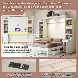 Queen Size Modern Solid Wood Murphy Bed with <b>Desk</b> & Storage Space-Saving <b>Wall</b> Bed with Cabinets & Drawers White - Product Image 3